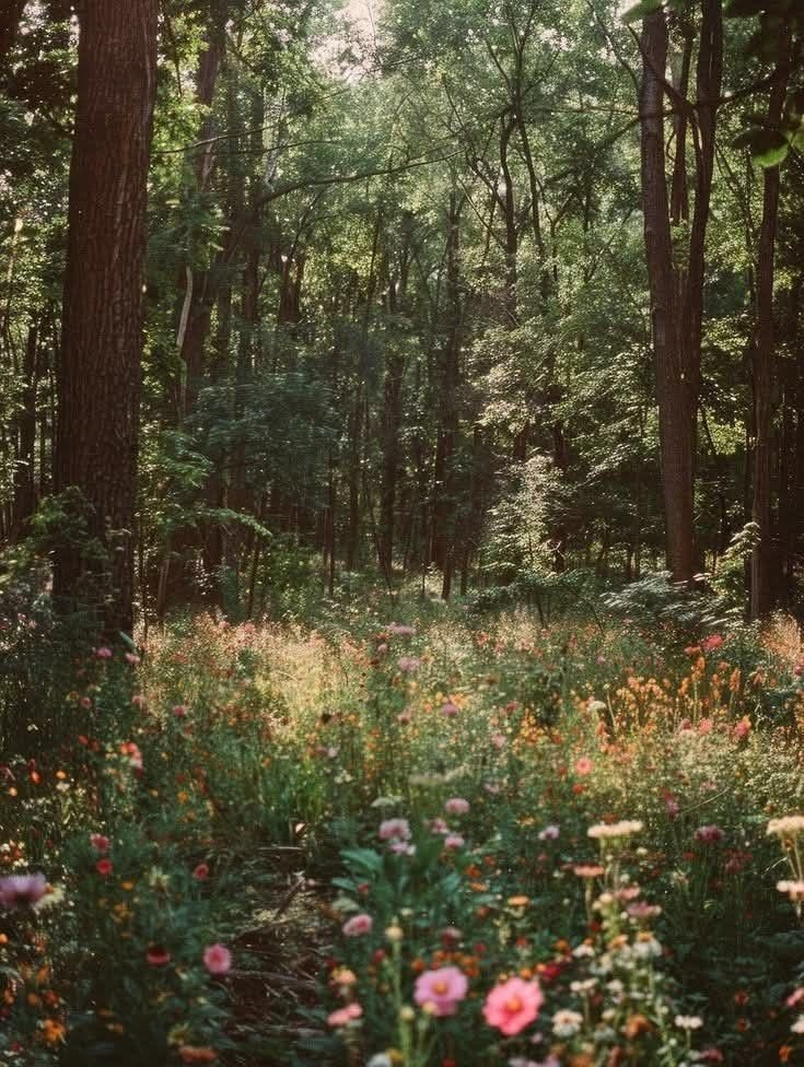 Sunlit woodland with wildflowers beneath the trees