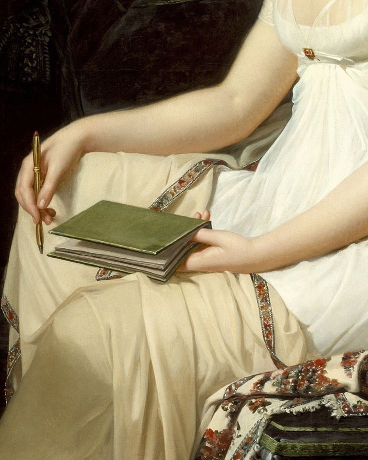Detail of a painting showing a person in a white dress holding a notebook and pen